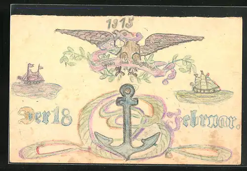 Künstler-AK Handgemalt: Adler, Anker und Segelschiffe, Schützengrabenkunst 1915