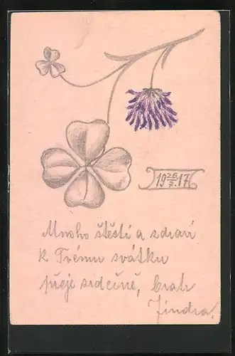 Künstler-AK Handgemalt: Kleeblatt und Blüte