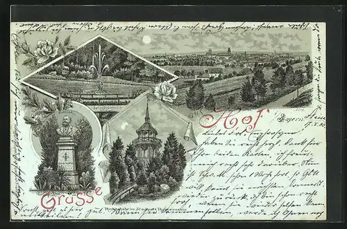 Mondschein-Lithographie Hof i. Bayern, Springbrunnen i. d. Anlagen, Rud. Lion Denkmal, Thomashöhe im Stadtpark Theresien