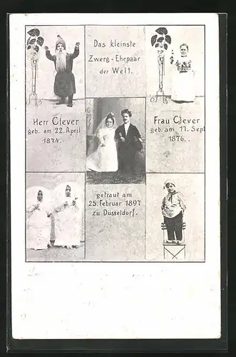 AK Düsseldorf, Das kleinest Zwerg-Ehepaar der Welt getraut 1897, Herr Clever geb. 1874 und Frau Clever geb. 1876