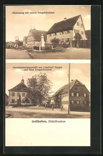 AK Gollhofen /Mittelfranken, Gemischtwarengeschäft und altes Kriegerdenkmal, Strassenzug mit neuem Kriegerdenkmal