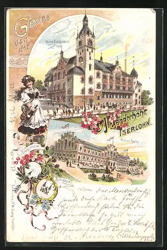 Lithographie Iserlohn, Alexanderhöhe, Neues Saalgebäude, Grosse Halle, Einigkeit