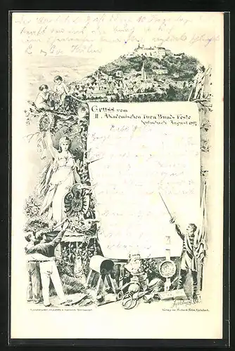 Lithographie Kulmbach, II. Akademisches Turn Bunds Feste, Teilansicht, Turner mit Fahne, Büste von Turnvater Jahn