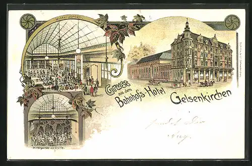 Lithographie Gelsenkirchen, Bahnhof-Hotel von Innen und Aussen