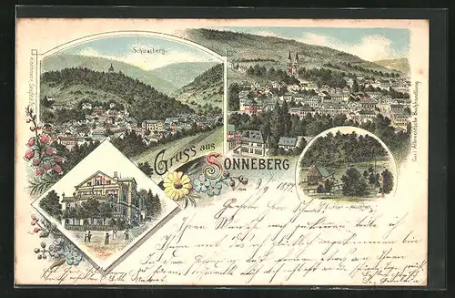 Lithographie Sonneberg, Schlossberg, Kaltwasser Heilanstalt, Luther-Häuschen