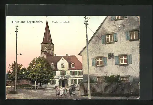 Goldfenster-AK Ergersheim, Kirche und Schule mit leuchtenden Fenstern