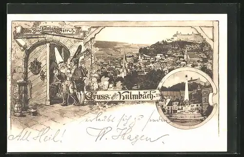Lithographie Kulmbach, Zwerge mit Bierkrügen, Ortsansicht