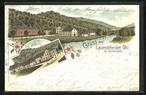 Lithographie Lauenscheiderohl /Schalksmühle, Häuser am Wasser