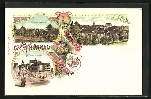 Lithographie Thurnau, Totalansicht und Marktplatz mit Brunnen