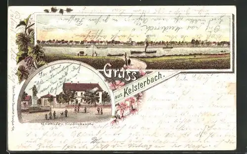 Lithographie Kelsterbach, Gasthaus zur Friedrichshöhe, Totalansicht