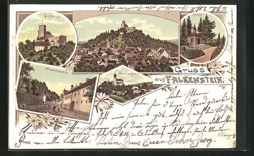 Lithographie Falkenstein, Marienstein, Klause, Schloss