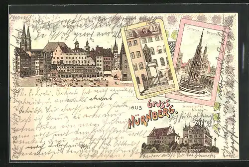 Lithographie Nürnberg, Germanisches Museum, Albrecht-Dürer-Haus, Schöner Brunnen