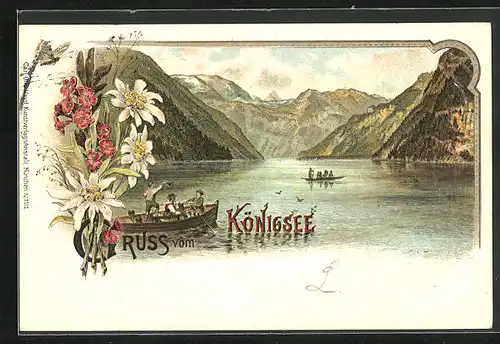 Lithographie Königsee, Ruderboote und Berge