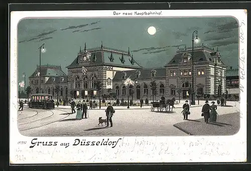 Mondschein-Lithographie Düsseldorf, Der neue Bahnhof bei Nacht