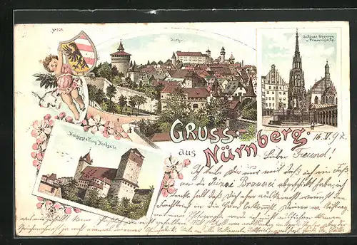 Lithographie Nürnberg, Kaiserstallung, Schöner Brunnen und Frauenkirche, Burg
