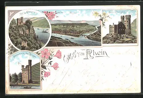 Lithographie Bingen, Burg Rheinstein, Mäuseturm, Ruine Ehrenfels