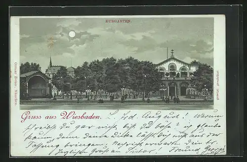 Mondschein-Lithographie Wiesbaden, Kurgarten bei Nacht