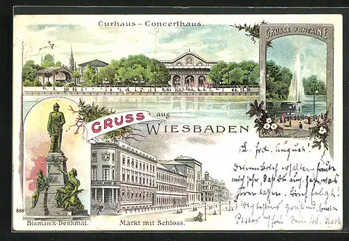 Lithographie Wiesbaden, Curhaus-Concerthaus, Bismarck-Denkmal, Markt mit Schloss