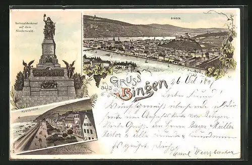 Lithographie Bingen, Nationaldenkmal auf dem Niederwald, Rüdesheim