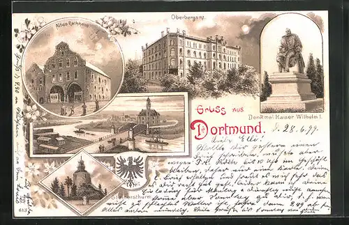 Lithographie Dortmund, Oberbergamt, Denkmal Kaiser Wilhelm I., Steinersthurm