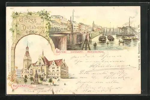 Lithographie Duisburg, Hafen, Hafenamt, Marienkirche