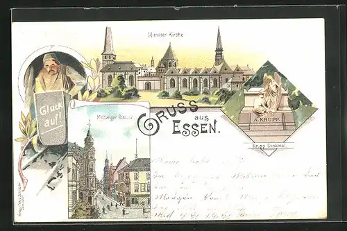 Lithographie Essen, Kettwiger Strasse, Münster Kirche, Krupp Denkmal