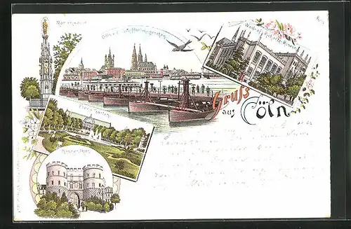 Lithographie Cöln, Wallraf-Richartz-Museum, Flora Garten, Hahnentor