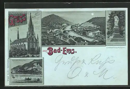 Mondschein-Lithographie Bad-Ems, Denkmal Kaiser Wilhelm I., Kursaal und Garten