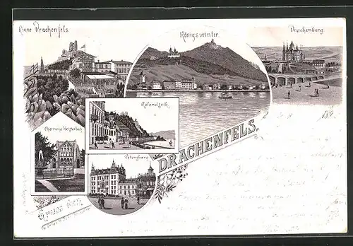 Lithographie Königswinter, Drachenburg, Petersberg, Chorruine Heisterbach