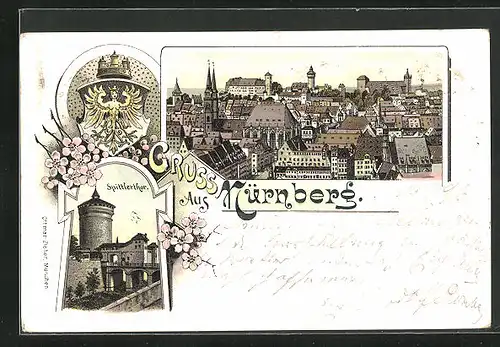 Lithographie Nürnberg, Spittlerthor, Panorama der Stadt