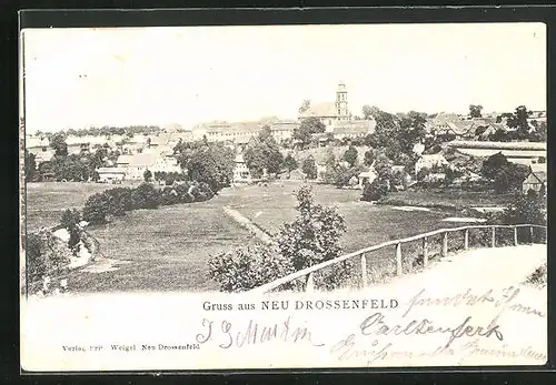 AK Neu Drossenfeld, Parkanlage mit Blick auf die Kirche