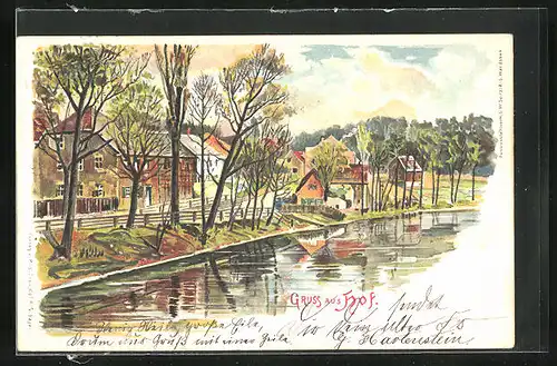 Lithographie Hof, Flusspartie mit Häusern