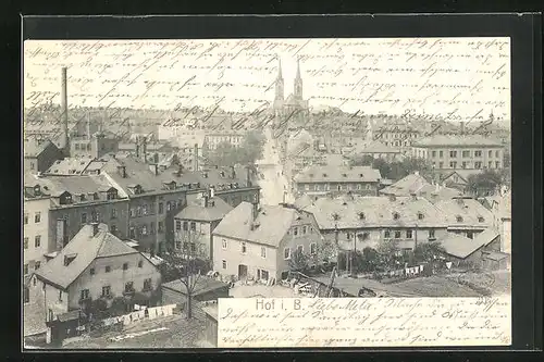 AK Hof i. B., Gärten von Wohnhäusern, Kirche