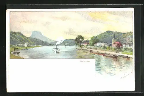 Lithographie Schandau, Flusspartie mit Kirche