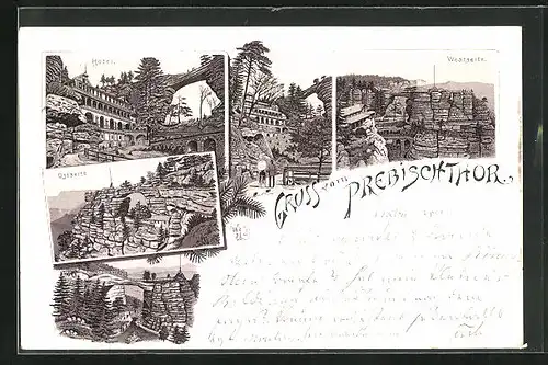 Vorläufer-Lithographie Prebischthor, 1895, Hotel, Ansichten des Thores