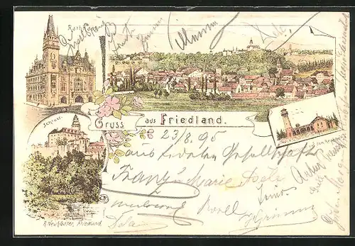 Vorläufer-Lithographie Friedland / Frydlant, 1895, Rathaus, Aussichtsthurm auf dem Resselberg, Schloss, Totalansicht