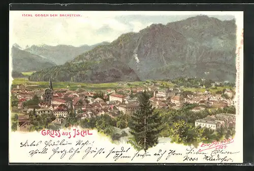 Künstler-AK Erwin Spindler: Ischl, Stadt gegen den Dachstein