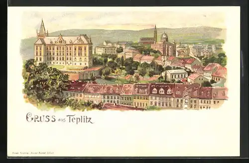 Lithographie Teplitz Schönau / Teplice, Synagoge im Stadtkern