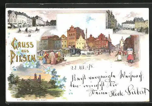 Lithographie Pilsen, Strassenpartie mit Gebäudeansicht, Uferpartie mit Kirche, Marktplatz