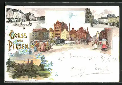 Lithographie Pilsen, Strassenpartie mit Gebäudeansicht, Uferpartie mit Kirche, Marktplatz