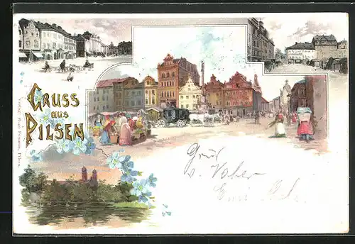 Lithographie Pilsen, Strassenpartie mit Gebäudeansicht, Uferpartie mit, Kirche, Marktplatz