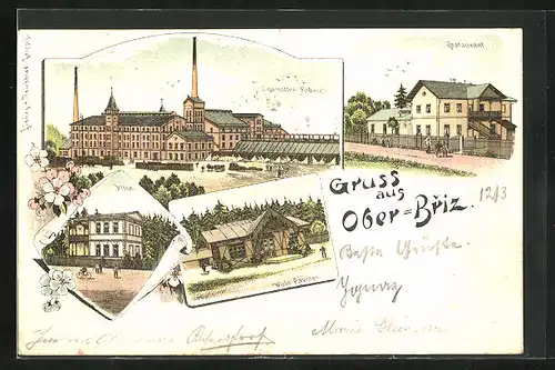 Lithographie Ober-Briz, Chamotten Fabrik, Restaurant, Wald Pavillon