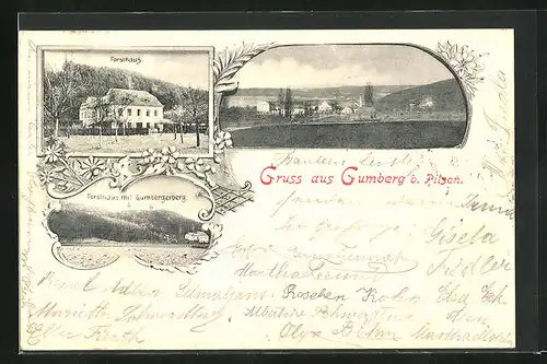AK Gumberg b. Pilsen, Frosthaus mit Gumbergerberg, Ortspartie