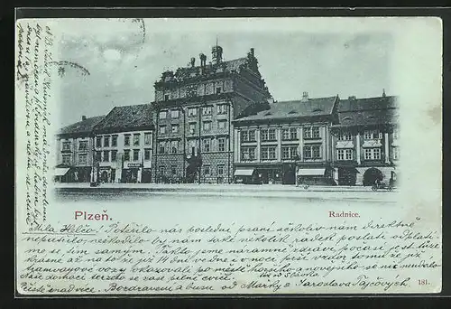 Mondschein-AK Pilsen /Plzen, Radnice, Rathaus und Geschäfte