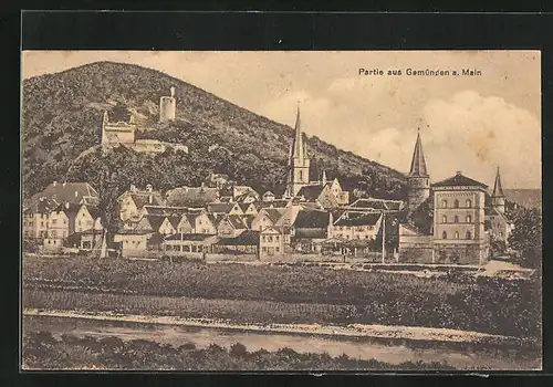AK Gemünden /Main, Panorama mit Kirche und Ruine