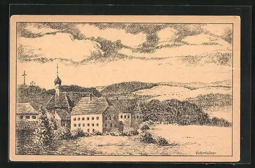 Künstler-AK Bischofsheim, Franziskanerkloster Kreuzberg mit Gebirge