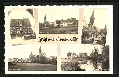 AK Wieseth /Mfr., Schule und Kirche, Pfarrhaus, See mit Enten