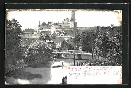 AK Neuhaus a. d. P., Partie an der Pegnitz mit Burg Veldenstein