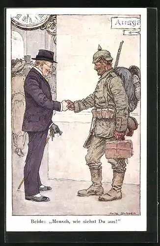 Künstler-AK sign. Fritz Schoen: Bürgerlicher Mann und Soldat begrüssen sich