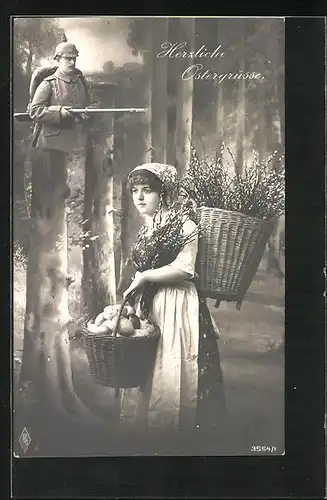 AK Ostergrüsse, Frau beim Sammeln von Weidenkätzchen und Kartoffeln, Soldat in Uniform